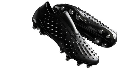 Illustration of closeup of a pair of black football cleats with spikes, isolated on transparent background, showcasing athletic footwear for sports and performance training equipment