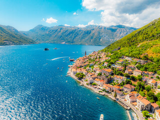 Historic town of Perast at famous Bay of Kotor in summer, Montenegro near Our Lady of the Rocks