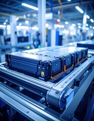 Obraz premium Factory assembly line showcasing large rectangular battery modules on a conveyor belt