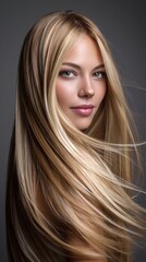 Naklejka premium Blonde woman with windswept, glossy hair posing in studio, highlighting professional hair styling and vibrant beauty treatment results