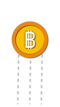 Bitcoin cryptocurrency concept coin dropping with falling trail of dashed lines on white background. Cryptocurrency animation. Bitcoin falling with dashed lines.