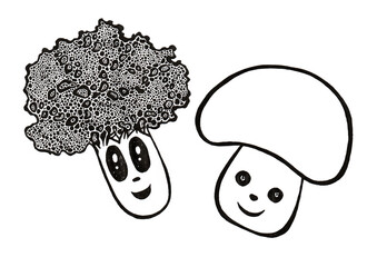 Stylized illustration of broccoli and champignon. Characters with faces. Drawing in black outline. Isolated on white background. Doodle. Pant and mushroom have different faces and smiles. Monochrome