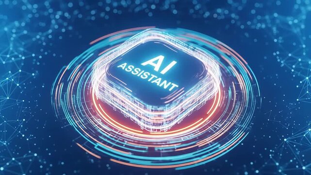 Glowing chip displays ai assistant text Concentric circles ripple outward in vibrant orange A futuristic technological advancement promises streamlined assistance
