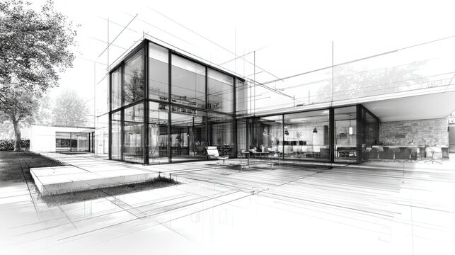 Black and white architectural sketch of a modern house with big windows, merging with a realistic 3d rendering, creating an interesting visual effect