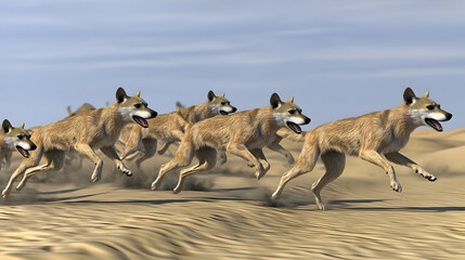 Pack Of Running Canids In Desert Landscape