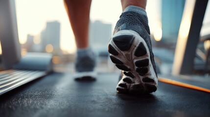 athlete runner feet running on treadmill closeup on shoe jogger fitness shoe in the background and open space around him runner jogging training workout exercising power walking outdoors in city no l