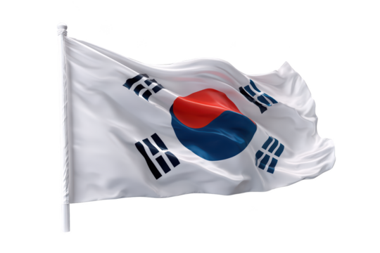 Waving flag of South Korea, white field with Taegeuk and trigrams