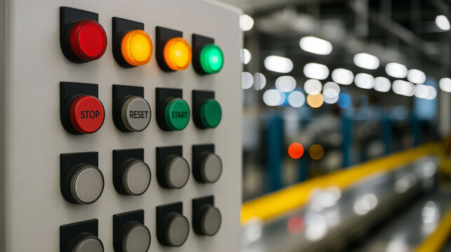 Industrial control panel with stop reset start buttons in engineering manufacturing factory automation and operations control board system