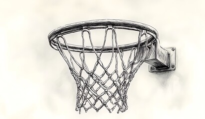 Detailed ink sketch of a basketball hoop and net against a light background sport game