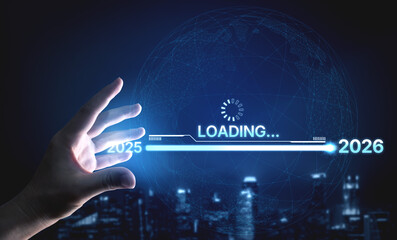 Visualizing the shift from 2025 to 2026. Progress bar symbolizing advancement, strategic foresight, yearly goal-setting, and business transformation for the upcoming year. Spline