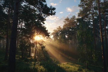 Fototapeta premium Sunlight streams through misty forest canopy