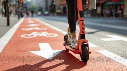 traffic city transport and people concept  close up of woman riding electric scooter along red bike lane with signs of bicycles and two way arrows on street no logos no brands ar 169