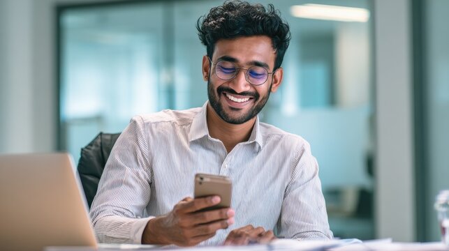 smiling indian business man using cellphone apps working in office happy arab professional businessman holding mobile phone checking finance banking application technology no logos no brands ar 169 - Powered by Adobe