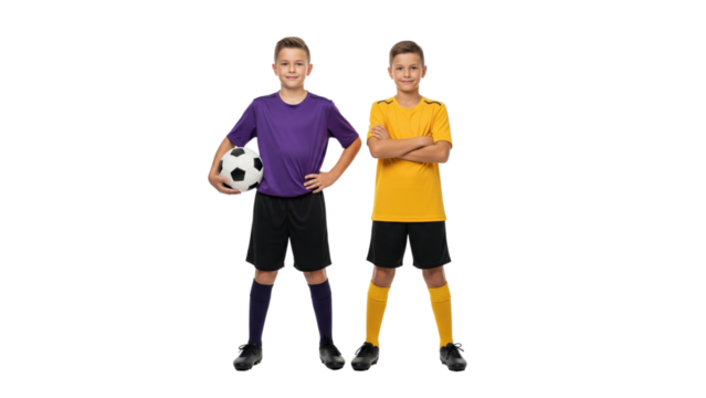 Young Football Athletes Stand Ready: Two youthful football players, dressed in vibrant uniforms, strike confident poses. One proudly holds a football, capturing the spirit of teamwork and competition.