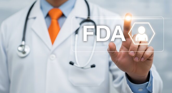 Doctor touches F D A button on screen stethoscope white coat