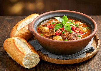 Aromatic Vietnamese Bo Kho Beef Stew with Tender Chunks and Savory Broth, served in a rustic clay pot alongside Crusty Banh Mi Baguettes.