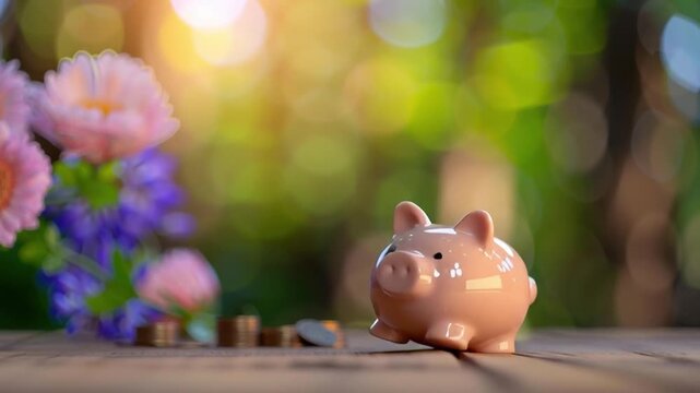 Piggy bank with coin and flower on wooden table in soft sunlight symbolizing teen financial education and saving money concept