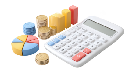 Financial tools coins, charts, calculator. Accounting, analytics, budgeting, economy
