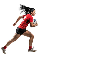 Rugby Woman Sprinting: A dynamic image of a rugby woman sprinting forward, clutching the ball and radiating a determined athletic energy. She embodies the power and focus of the game.