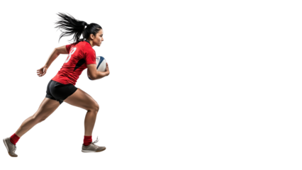 Rugby Woman Sprinting: A dynamic image of a rugby woman sprinting forward, clutching the ball and radiating a determined athletic energy. She embodies the power and focus of the game.