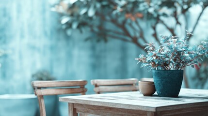 Realistic stock photo of 'outdoor table' scene using muted blues tones, conveying a optimistic mood, tailored for Social media managers.