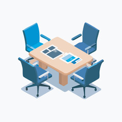 Isometric meeting room showcasing table with documents surrounded by four chairs in a bright office space, creating a professional and organized atmosphere.