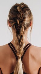 Fototapeta premium Fitness woman viewed from behind, sporting long blonde braid, standing against clean background, embodying athletic elegance and contemporary wellness lifestyle
