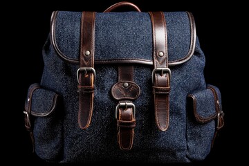 Dark-blue backpack with brown leather accents