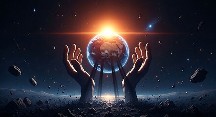 Cosmic Hands Holding Earth Under Bright Star space