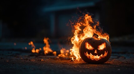 Flaming jack o' lantern with sinister grin burning brightly against dark nocturnal backdrop, embodying haunting halloween spirit and festive seasonal mood