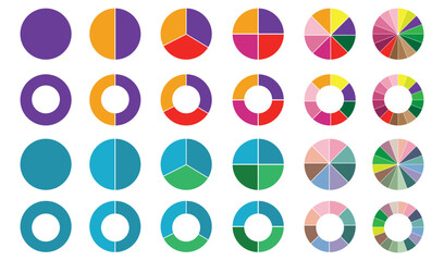 Pie chart set. Circle pie charts diagrams. Different color circles isolated. Circle section graph. Infographic element round shape. Pie chart divided equal parts. Colorful circle arrow charts.