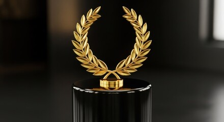 Prestigious Gold Laurel Wreath Award Trophy on a Black Pedestal with a Dark Background.