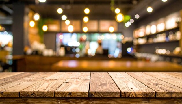 Empty Wooden Table Cafe Interior Blurred Background.
