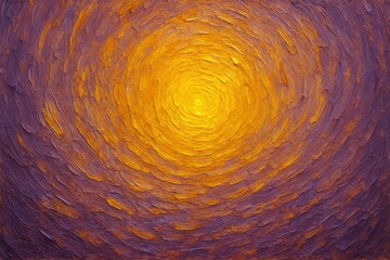 Golden sunburst radiance in abstract textured painting with concentric strokes, glowing light and vibrant warm purple tones.