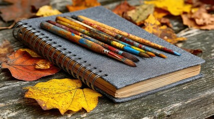 Paintbrushes rest on a gray spiral-bound sketchbook amidst autumn leaves