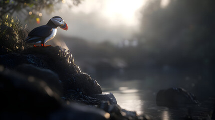 Puffin On Rocks Misty Sunrise