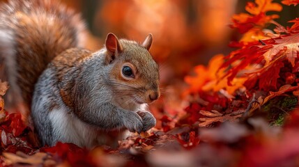 Gray Squirrel Among Red Autumn Leaves