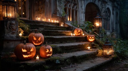 Obraz premium Carved Pumpkins and Lanterns on Gothic Steps at Night