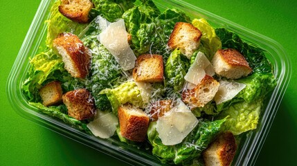 Caesar salad in a clear plastic container