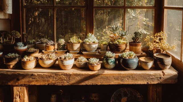 Sunlit rustic windowsill displays various succulents in unique pottery