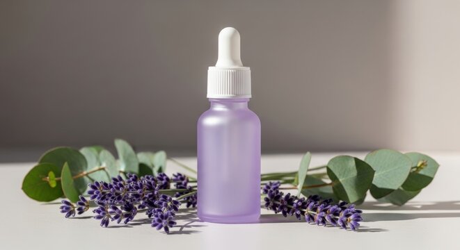 A small, frosted purple glass dropper bottle filled with serum, surrounded by fresh lavender sprigs and eucalyptus leaves.
