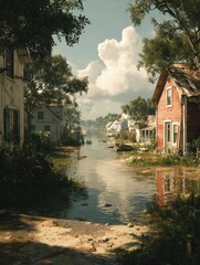 Fototapeta premium rushing floodwaters overtake the streets of a rural village with homes and vegetation partially submerged reflecting the urgency of rising water levels