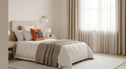 Cozy bedroom with halloween ghost pillow and soft neutral tones for autumn decor