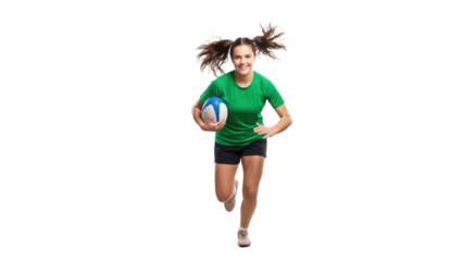 Energetic Athlete with Ball: A dynamic athlete, bursting with energy, sprints forward while clutching a ball in a full body shot, embodying the spirit of sport and athleticism.