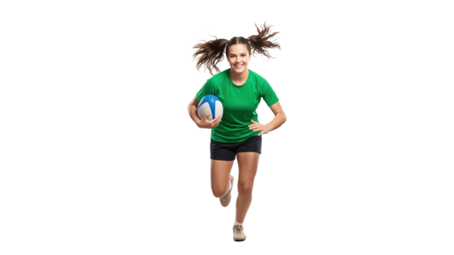 Energetic Athlete with Ball: A dynamic athlete, bursting with energy, sprints forward while clutching a ball in a full body shot, embodying the spirit of sport and athleticism.