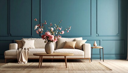 Modern Living Room with Teal Walls, and Beige Sofa.