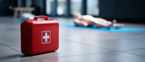 The red first aid kit in a CPR training room with mannequin