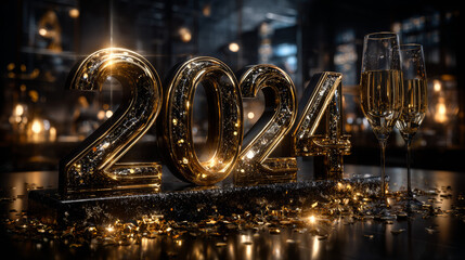 Holiday banner for New Year 2024. Festive card with symbol of 2024 New Year. Handwritten gold number 2024 with sparkling golden stars and confetti. Vector handwritten calligraphy symbol of New Year.