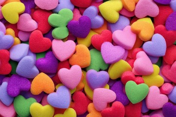 Fototapeta premium Colorful hearts scattered across a vibrant surface creating a festive mood ideal for Valentine's Day celebrations in a Roman setting