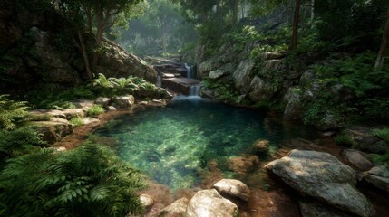 Serene Waterfall Pool in Lush Green Forest